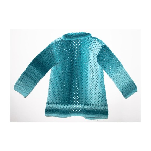 Granny Square Baby Blue Teal Fade Vintage Knit Crochet Handmade Cardigan Sweater - Picture 2 of 3